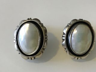 Vintage Estate Mother Of Pearl And Sterling Silver Clip - On Earrings Signed F87