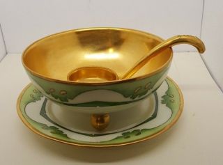 Vintage Prov Saxe Es Germany Footed Gravy Boat Bowl,  Saucer And Ladle