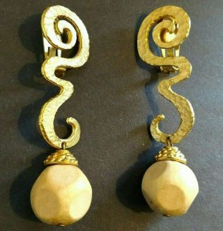 Vintage Signed Les Bernard Earrings Gold Tone & Wood Drop Clip Brutalist Style