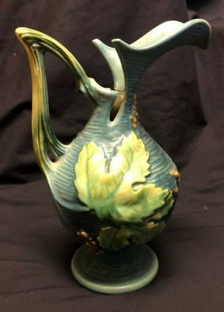 Roseville Art Pottery Bushberry Blue Ewer Vase Pitcher Vintage 2 10 