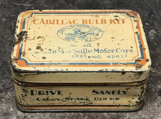 Vintage Cadillac Motor Car Co Auto Spare Bulb Kit Tin Can Gas Oil Full