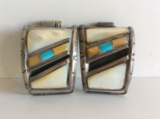 Vintage Navajo Sterling Silver,  Turquoise / Mother Of Pearl Watch Band Tips