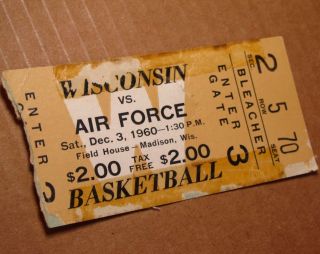 Wisconsin Badgers Vs Air Force Vtg Ticket Stub 1960 Basketball Game Field House