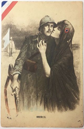 Vintage Old Wwi Ww1 Era French Postcard Woman Kissing Soldier Merci Thank You