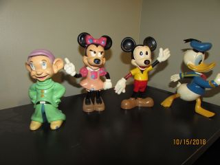 Vintage Marx Walt Disney Characters Mickey Minnie Donald Dopey Painted Hard Plas