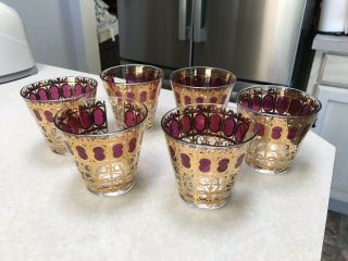 Vintage Culver Cranberry Scroll Old Fashioned Low Ball Tumblers Set Of 6