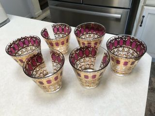 Vintage Culver Cranberry Scroll Old Fashioned Low Ball Tumblers Set of 6 8