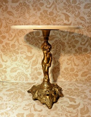 Vintage 7 " Ornate Solid Brass Marble Top Tabletop Stand Display Stand,  C.  1950 