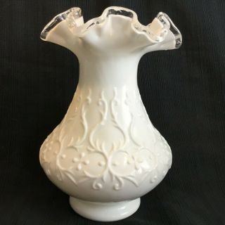 Vintage Milk Glass With Clear Ruffled Edge Vase Fenton ?