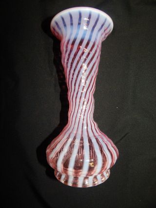 Vtg Fenton Art Glass Cranberry Opalescent Swirl,  Ribbed Design 8 " Vase