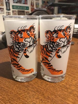 Vintage 1960s Esso Exxon Gas Tiger Glasses Frosted Tumblers - Set Of 2