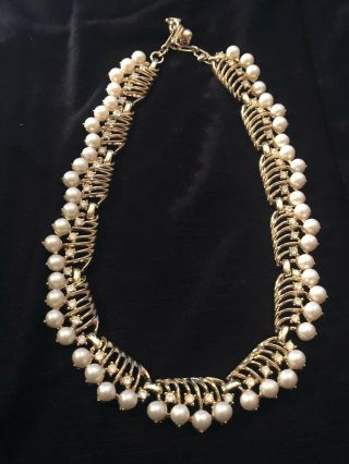 Vintage Crown Trifari Faux Pearl Rhinestones Gold Tone Choker Necklace