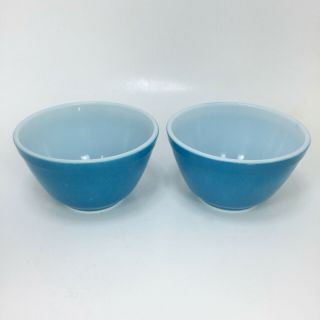 2 Vintage Pyrex Mixing Bowls Small Turquoise Blue 401 1 1/2 Pint Nesting 1.  5