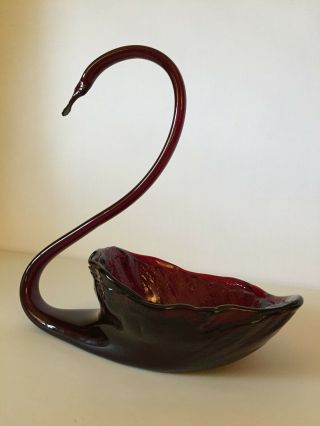 Vintage Mid - Century Ruby Art Glass Swan Bowl