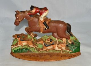 Vintage Cast Iron Bookend Door Stop Fox Hunt Horse Rider Jockey Hound Dogs