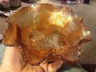 Vintage Fenton Marigold Carnival Glass Footed Bowl - Stag & Holly Double Ruffled