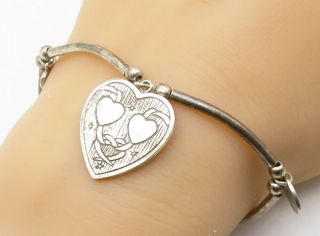 925 Sterling Silver - Vintage Love Heart Charmed Segment Chain Bracelet - B4183