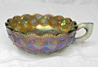 Vintage Signed Imperial Glass Iridescent Carnival Nappy Pansy Handled Bowl Dish 2