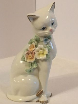 Vintage Porcelain 8 Inch Tall White Cat With Flowers And Gold Accent