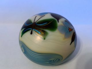 1976 Vintage Orient Flume Signed Butterfly Flowers Heavy Glass Paperweight
