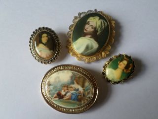 4 Vintage Portrait Style Picture Brooches