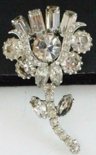 Pretty Vintage Clear Rhinestone Flower Pin Brooch W/marquis Baguette Round Stns