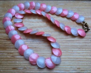 Unusual Kitsch Vintage Pink & White Disc Bead Necklace/retro/1960 