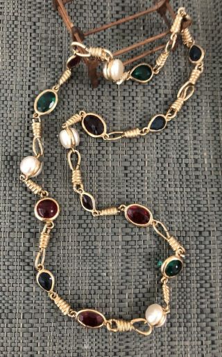 Vintage 1970s Kenneth Jay Lane Kjl Rhinestone & Faux Pearl Chain Link Necklace