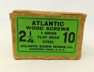 Vintage Atlantic Wood Screws 2 1/4 " 10 1 Gross Flat Head Steel W/ Box 122 Count
