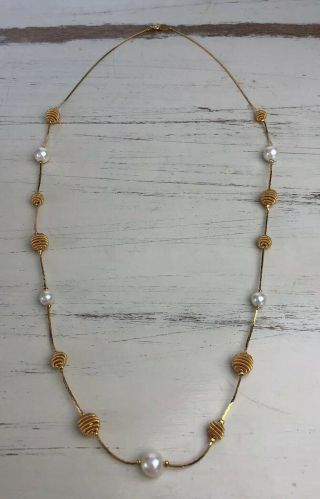 Trifari Vintage Long Gold Tone And Faux Pearl Beaded Necklace