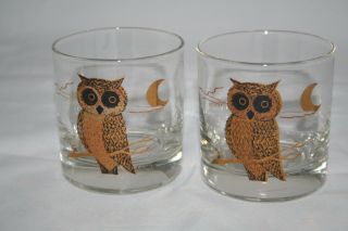 Set 2 Vtg Couroc Glasses Lowball Old Fashioned Golden Owl Euc