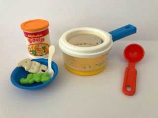 Vintage Fisher Price Fun With Food Alphabet Soup Can Pot Ladle Letters Bowl