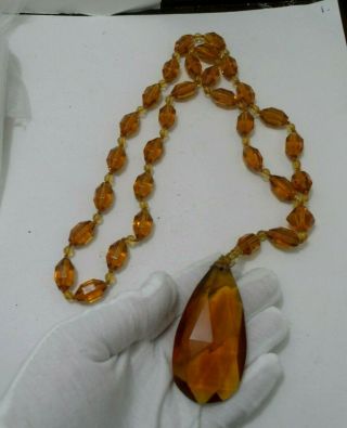Vintage Art Deco Faceted Amber Glass Huge Drop Pendant Long Necklace.  Restore