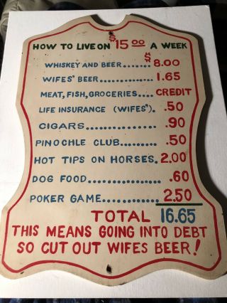 Vintage Sign “funny Man Cave Sign” “how To Live On $15 A Week” 13”x 9”