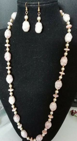 Vintage Pink And Gold Mottled Glass And Faux Pearl Necklace And Earrings Set