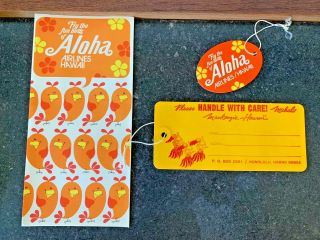 Vintage 1972 Aloha Airlines Luggage Tags & Airline Ticket Brochure/sleeve -