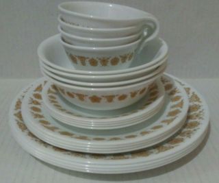 Vintage Corelle 20 Piece Set " Golden Butterfly " Dishware,  Cups Plates Bowls Gold