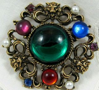 Vintage Faux Pearl & Glass Cabochon W/ Tigers Brooch Pin