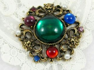 Vintage Faux Pearl & Glass Cabochon w/ Tigers Brooch Pin 2