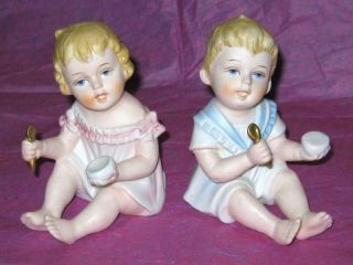 Vintage Bisque Porcelain Piano Baby Boy Girl Figurine Bowl Spoon