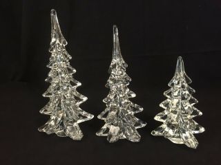 Sculptured Crystal Clear Glass Trees 10,  8,  6 Inches Tall Vintage