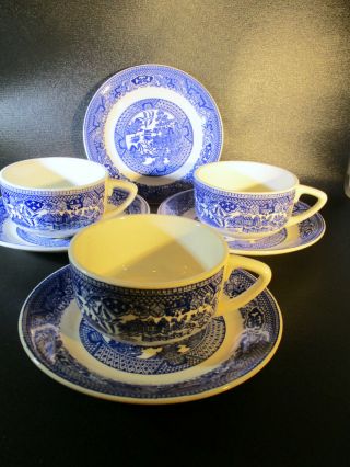 Vintage Blue Willow Ware Royal China Teacups Saucers Ironstone Set Of 7