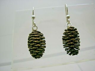 Vintage Flora Danica Denmark Pine Cone Drop Silver Wire Earrings