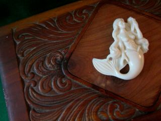 Vintage Nautical Cedar Wood Box Carved Mermaid Scrolled Waves 3