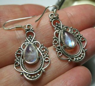 Vintage Celtic Design Jewellery Solid Silver Rainbow Moon Stone Drop Earrings