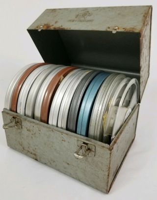 Vintage Brumberger Movie 8mm Reel Storage Case Metal Box With 11 Reels Holds 12