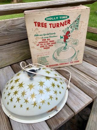 Vintage Holly Time Tree Turner Tree Stand 60’s Christmas Tree Turner Gold Stars