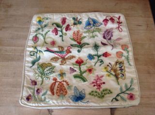 Vintage Embroidered Pillow Cover Birds Butterflies Bees Floral