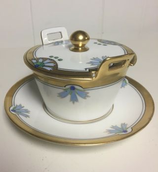 Vintage Art Deco WA Pickard gold hand - painted sugar/preserves bowl,  lid,  saucer 2