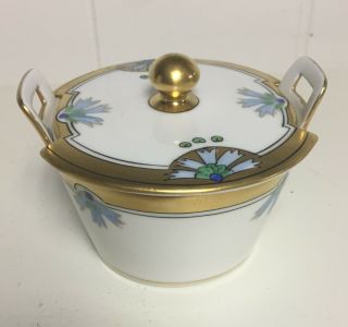 Vintage Art Deco WA Pickard gold hand - painted sugar/preserves bowl,  lid,  saucer 3